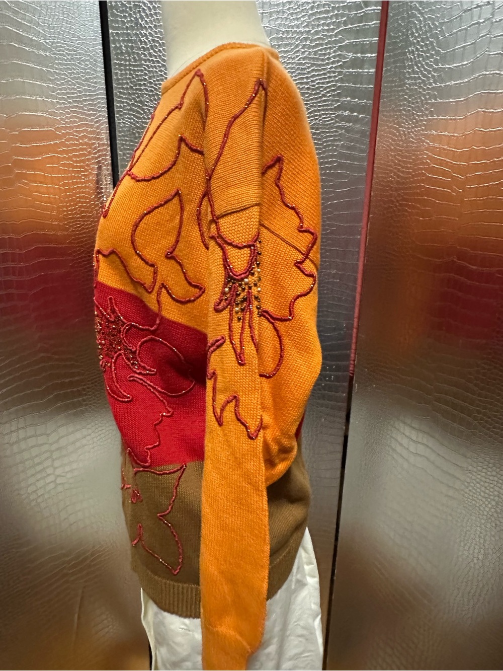 Escada Vintage Orange, Red & Brown Floral Embroidered Beaded Crewneck Sweater - Picture 9 of 12